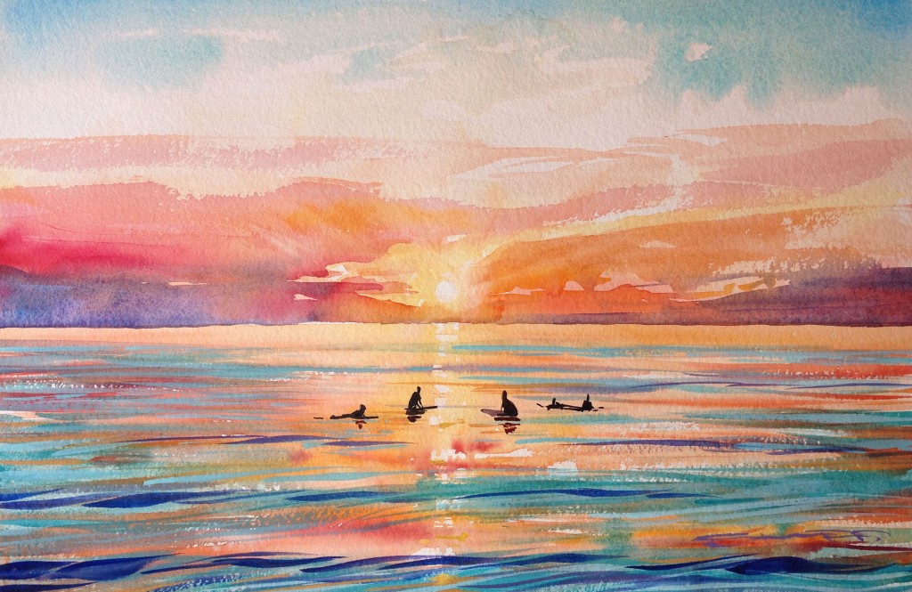 "Waiting for that last set" surf art watercolour painting by Woolacombe artist Steve PP