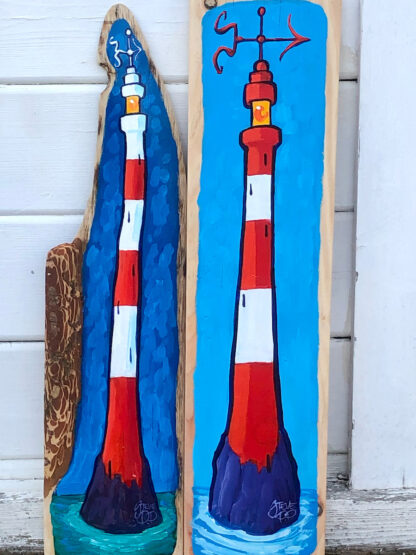 striped lighthouse paintings on wood