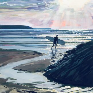 Sunset surfer painting by Woolacombe artist Steve PP
