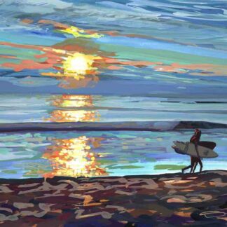 surfers walking along Woolacombe beach. Original surf art painting by Devon artist Steve PP